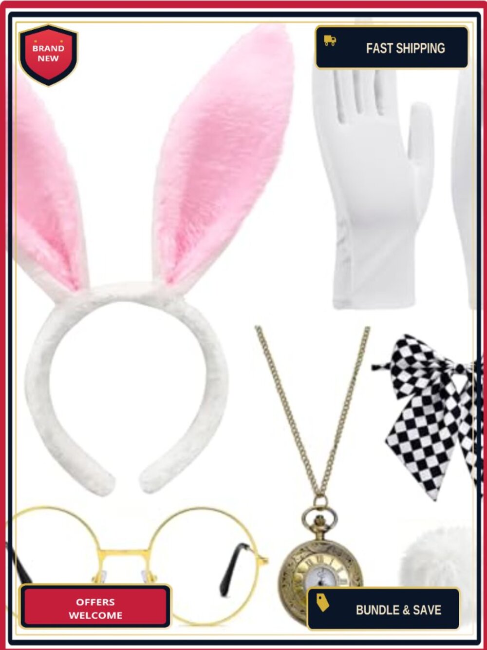 White Rabbit Costume Accessory Set 6 PCS Plush Bunny Ears Gloves Tail Easter